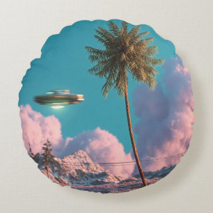 Surreal UFO and Palm Tree Mountain Scene Round Cushion