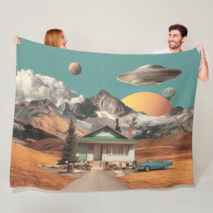 Surreal UFO Over Rustic House Fleece Blanket