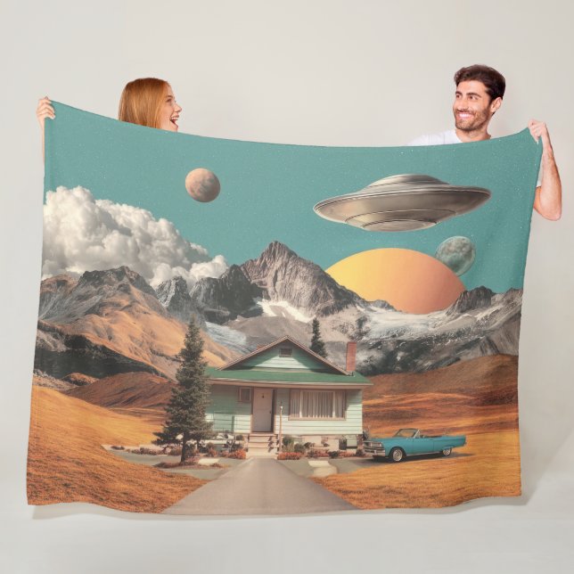 Surreal UFO Over Rustic House Fleece Blanket (In Situ)