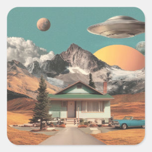 Surreal UFO Over Rustic House Square Sticker