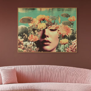 Surreal Underwater Portrait With Coral Flowers Poster