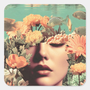 Surreal Underwater Portrait With Coral Flowers Square Sticker