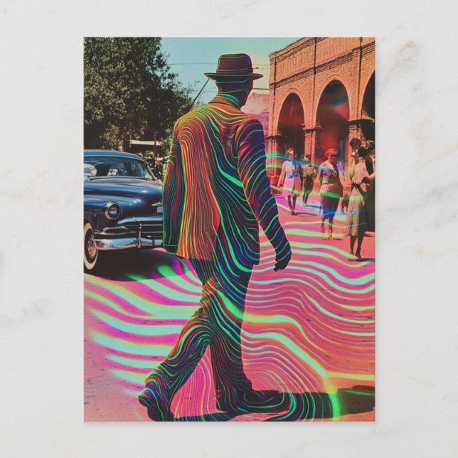 Surreal Vintage City Scene Man Walking Postcard (Front)