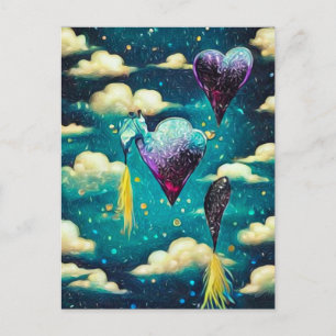 Surreal Vintage Clouds & Heart Balloons Postcard