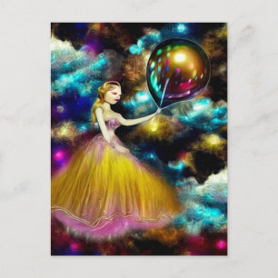 Surreal Vintage Golden Gown Balloon Girl Postcard