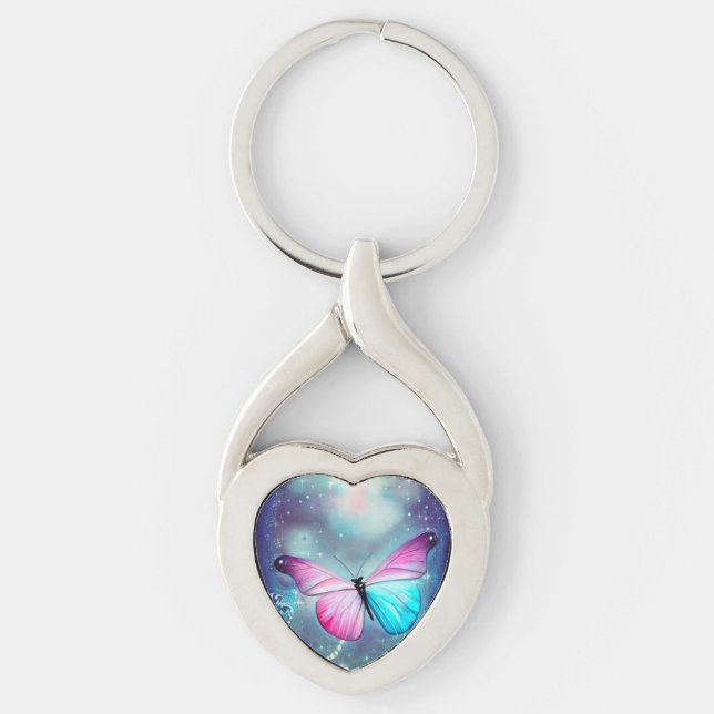 Surreal Vintage Pink & Blue Butterfly Key Ring (Front)