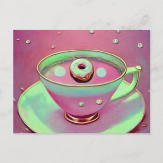Surreal Vintage Tea Cup & Tiny Doughnut Postcard