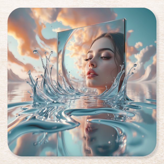 Surreal Water Mirror Portrait — Woman’s Face Refle Square Paper Coaster (Front)