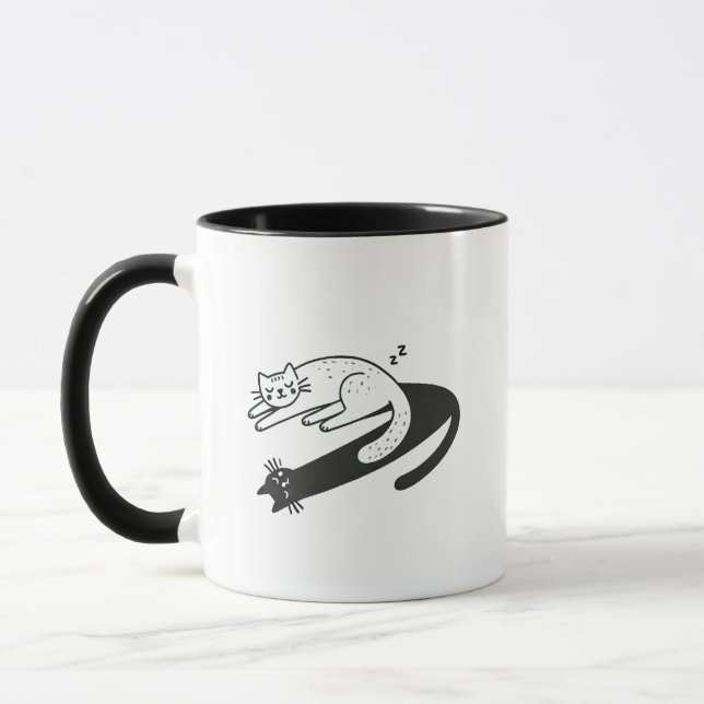 Surreal White Cat Sleeping with Awake Black Shadow Mug (Left)
