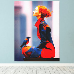 Surreal Woman and Bird Elegant Red Hair Fantasy Canvas Print