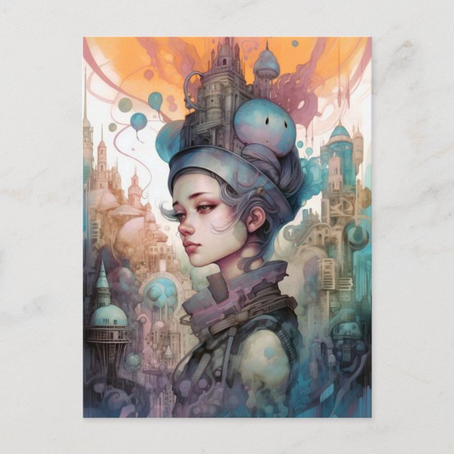 Surreal Woman Landscape City Fantasy Art Postcard (Front)