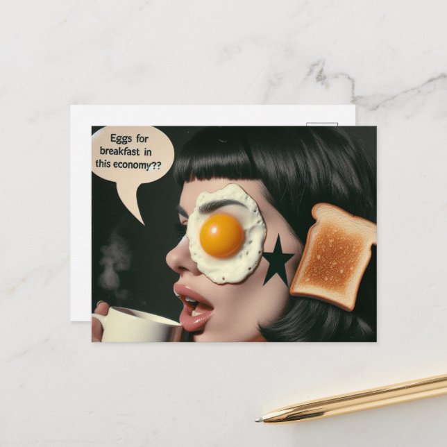 Surreal Woman Morning Coffee Eggs in this economy? Postcard (Front/Back In Situ)