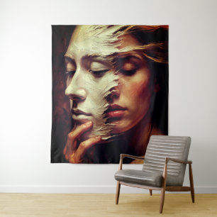 Surreal Woman Portrait with Painted Mask Tapestry