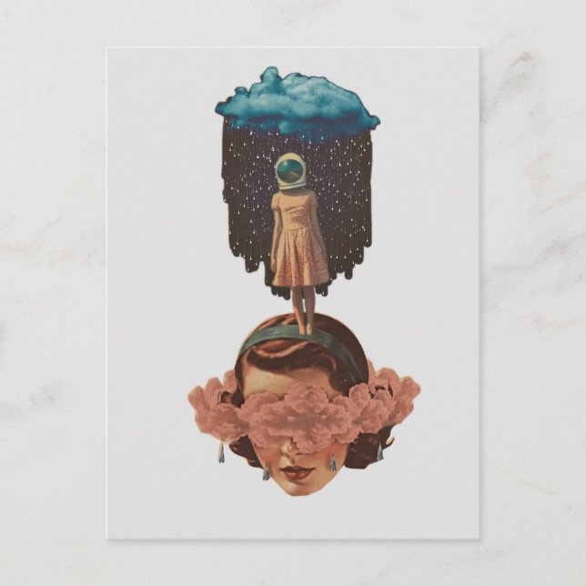 Surreal Woman With Rain Cloud Collage Postcard (Front)