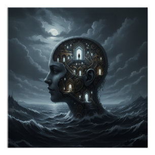 Surreal Woman's Head With Rooms Emerges From Sea Poster