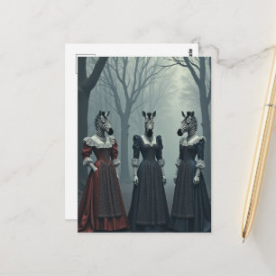 Surreal Women With Zebra Heads in Forest Postcard