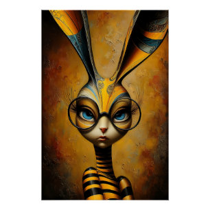 Surrealer Fantasie Hase mit runder Brille Vintage Poster
