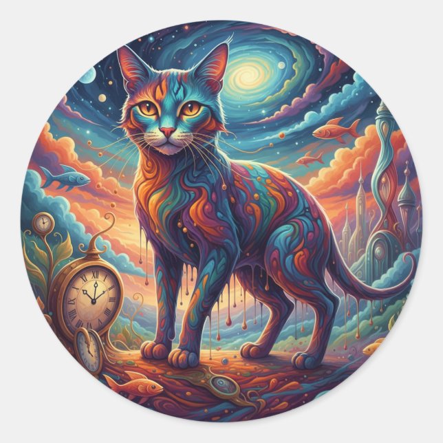 Surrealism Whimsical Time Travel Cat Classic Round Sticker (Front)