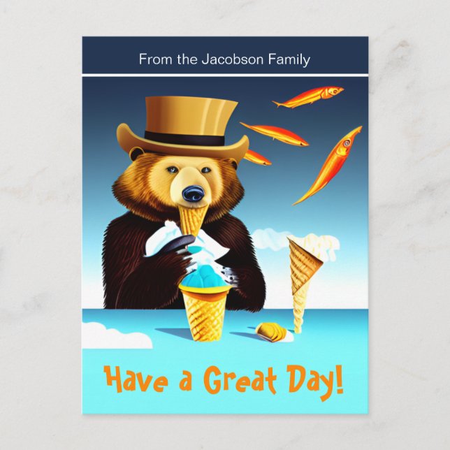 Surrealist Art Bear Wearing Hat Eating Ice Cream Postcard (Front)