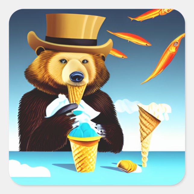 Surrealist Art Bear Wearing Hat Eating Ice Cream Square Sticker (Front)
