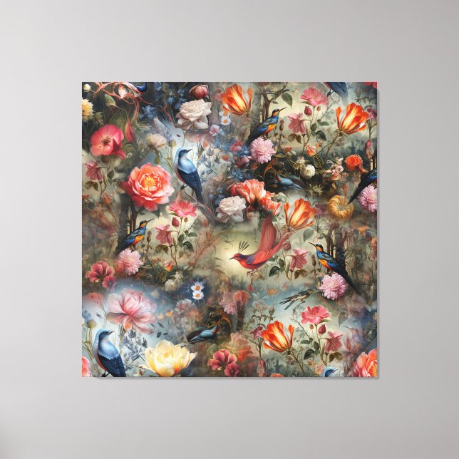 Surrealist Art with Flowers & Birds Canvas Print (Front)