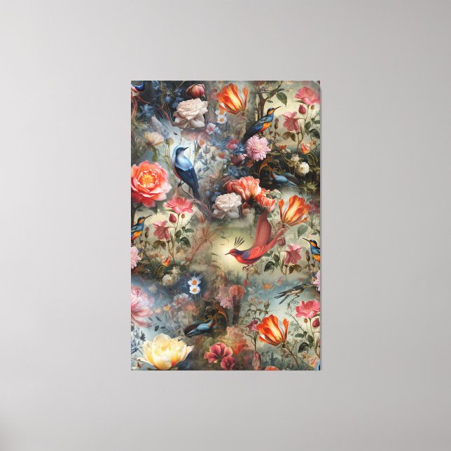 Surrealist Art with Flowers & Birds Canvas Print (Front)