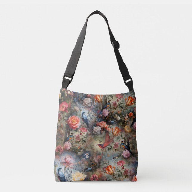 Surrealist Art with Flowers & Birds Crossbody Bag (Front)