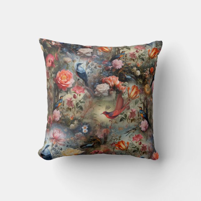 Surrealist Art with Flowers & Birds Cushion (Front)