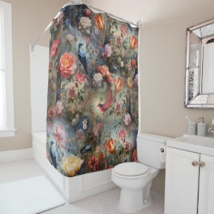 Surrealist Art with Flowers & Birds Shower Curtain