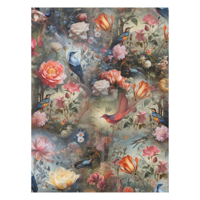 Surrealist Art with Flowers & Birds Tablecloth (Front)