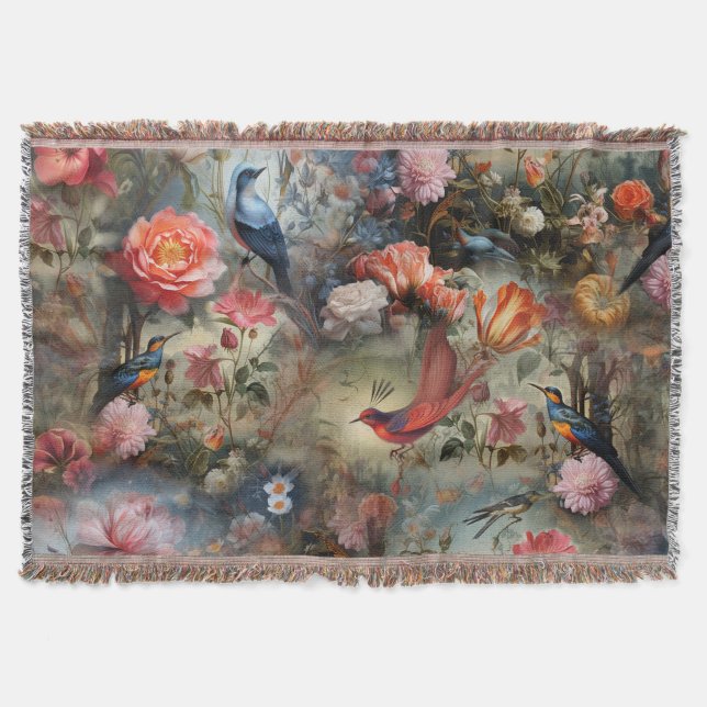 Surrealist Art with Flowers & Birds Throw Blanket (Front)