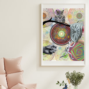 Surrealist colorful geometrical circles dali clock poster
