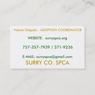 SURRY CO. SPCA, Valerie Delgado - ADOPTION COOR... Business Card