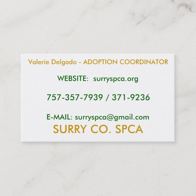 SURRY CO. SPCA, Valerie Delgado - ADOPTION COOR... Business Card (Front)