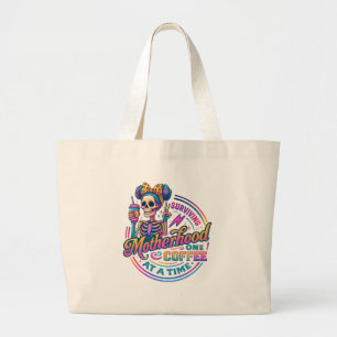 Surviving Motherhood One Coffee at a Time Colorful Large Tote Bag