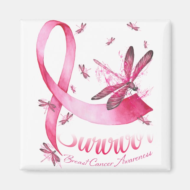 Survivor Dragonfly Pink Ribbon Breast Cancer Magnet (Front)