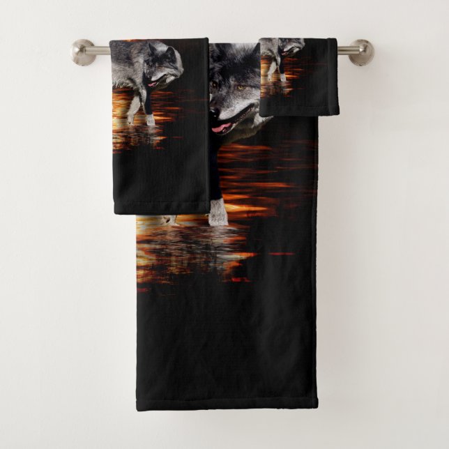 "Survivor" Grey Wolf and Wildfire Design Bath Towel Set (Insitu)