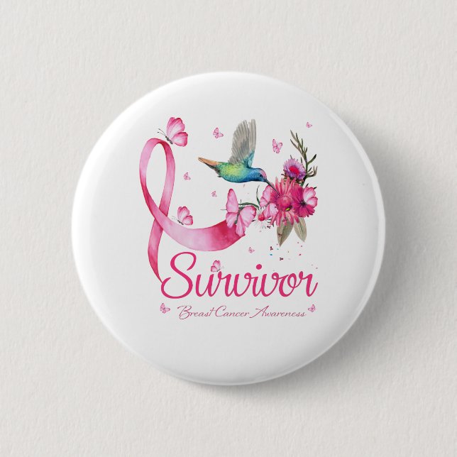Survivor Hummingbird Ribbon Breast Cancer 6 Cm Round Badge (Front)