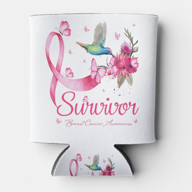 Survivor Hummingbird Ribbon Breast Cancer Can Cooler (Front)