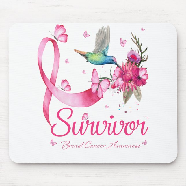 Survivor Hummingbird Ribbon Breast Cancer Mouse Mat (Front)