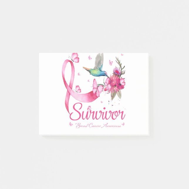 Survivor Hummingbird Ribbon Breast Cancer Post-it Notes (Front)