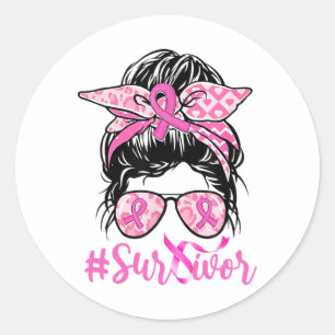 Survivor Messy Bun Pink Ribbon Leopard Breast Canc Classic Round Sticker