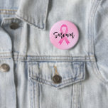 Survivor Pink Breast Cancer 6 Cm Round Badge<br><div class="desc">Breast cancer "Survivor" button features custom modern black script lettering with symbolic pink ribbon and pink gradient background.</div>