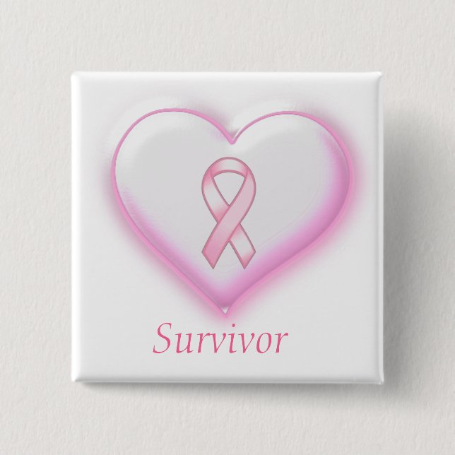 Survivor Pink Ribbon & Heart Button Pin (Front)
