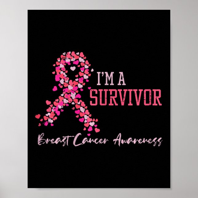 Survivor Pink Ribbons Hearts Breast Cancer Awarene Poster (Front)