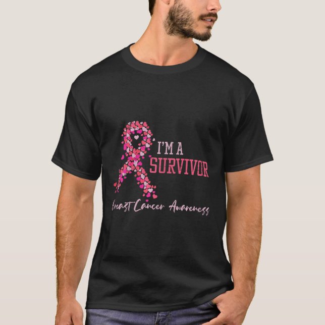 Survivor Pink Ribbons Hearts Breast Cancer Awarene T-Shirt (Front)