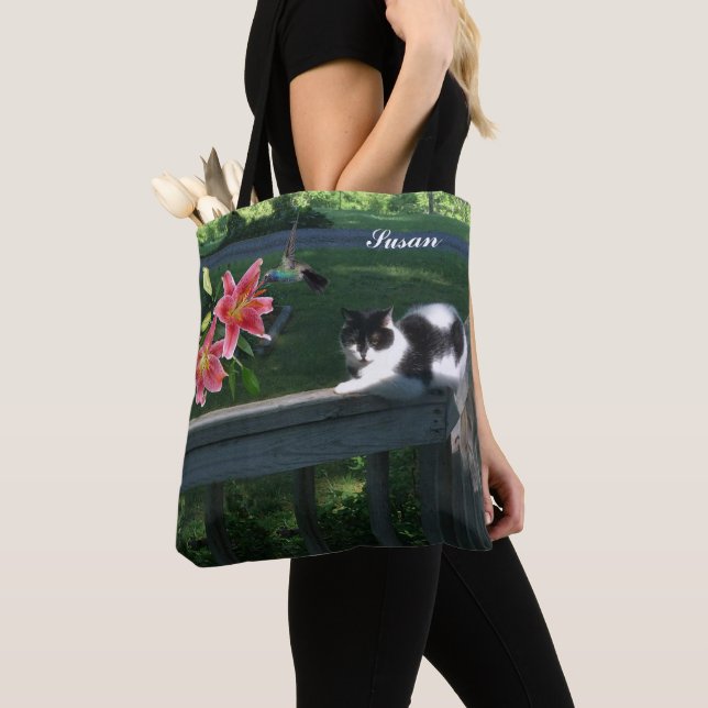 SUSAN -CAT-HUMMINGBIRD TOTE BAG (Close Up)