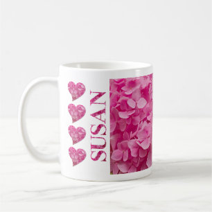 "Susan" Pink Hydrangea Floral Lettering & Hearts Coffee Mug
