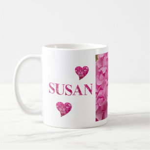 "Susan" Pink Hydrangea Floral Letters & Cute Heart Coffee Mug