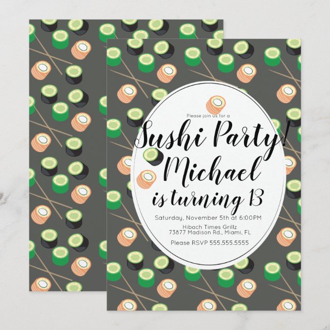 Sush Rolls Grey Birthday Hibachi Restaurant Invitation (Front/Back)